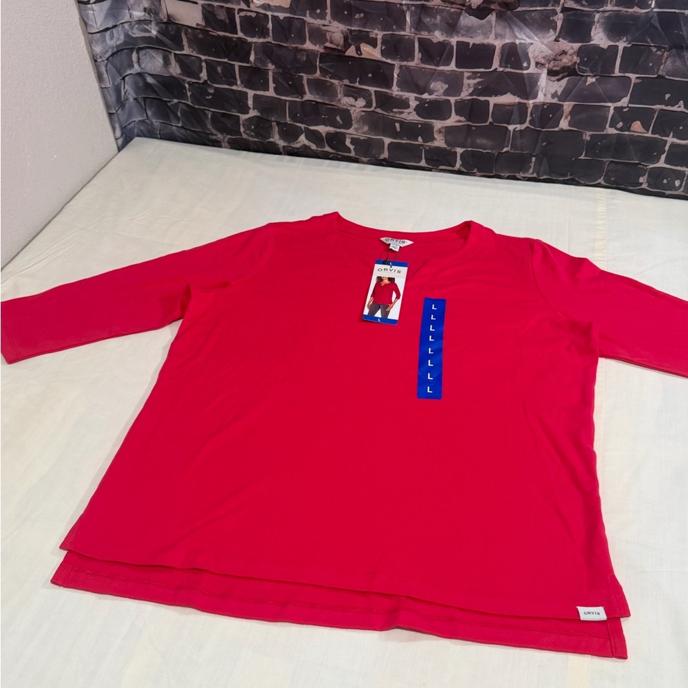 Orvis Classic Collection Women’s Red 3/4 Sleeve V-Neck Shirt Top Size L NWT
